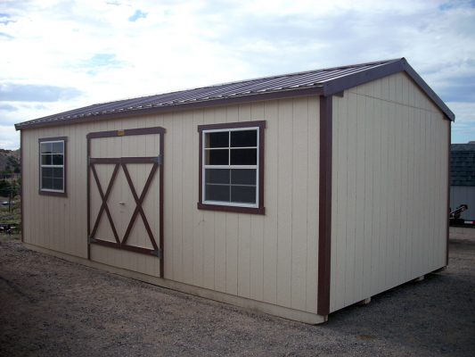 Ranch shed with double doors, metal roofing