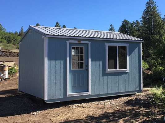 ranch shed with exterior man door, metal roofing